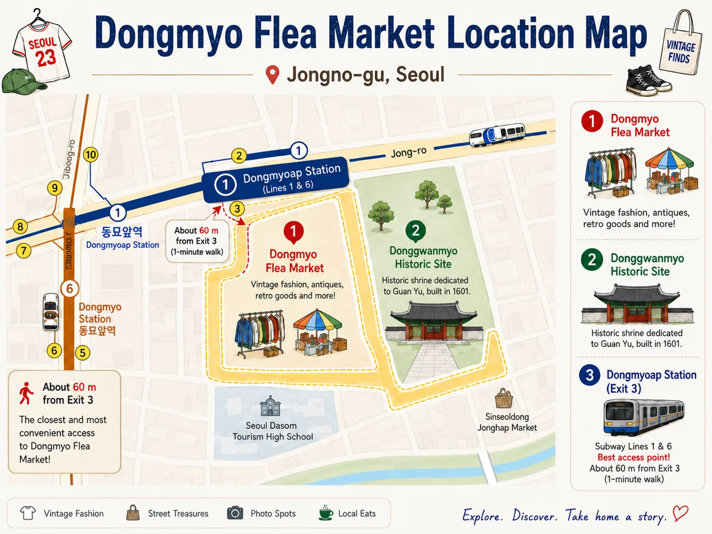 Detailed location map from Dongmyoap Station Exit 3 to Dongmyo Flea Market and Donggwanwangmyo