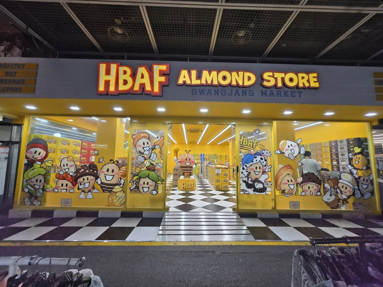 HBAF Almond Store storefront inside Gwangjang Market in Seoul