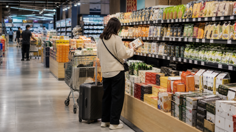 Korean snack shelves in a Seoul supermarket for travelers
