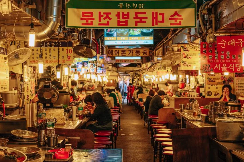 Food alley inside Namdaemun Market in Seoul