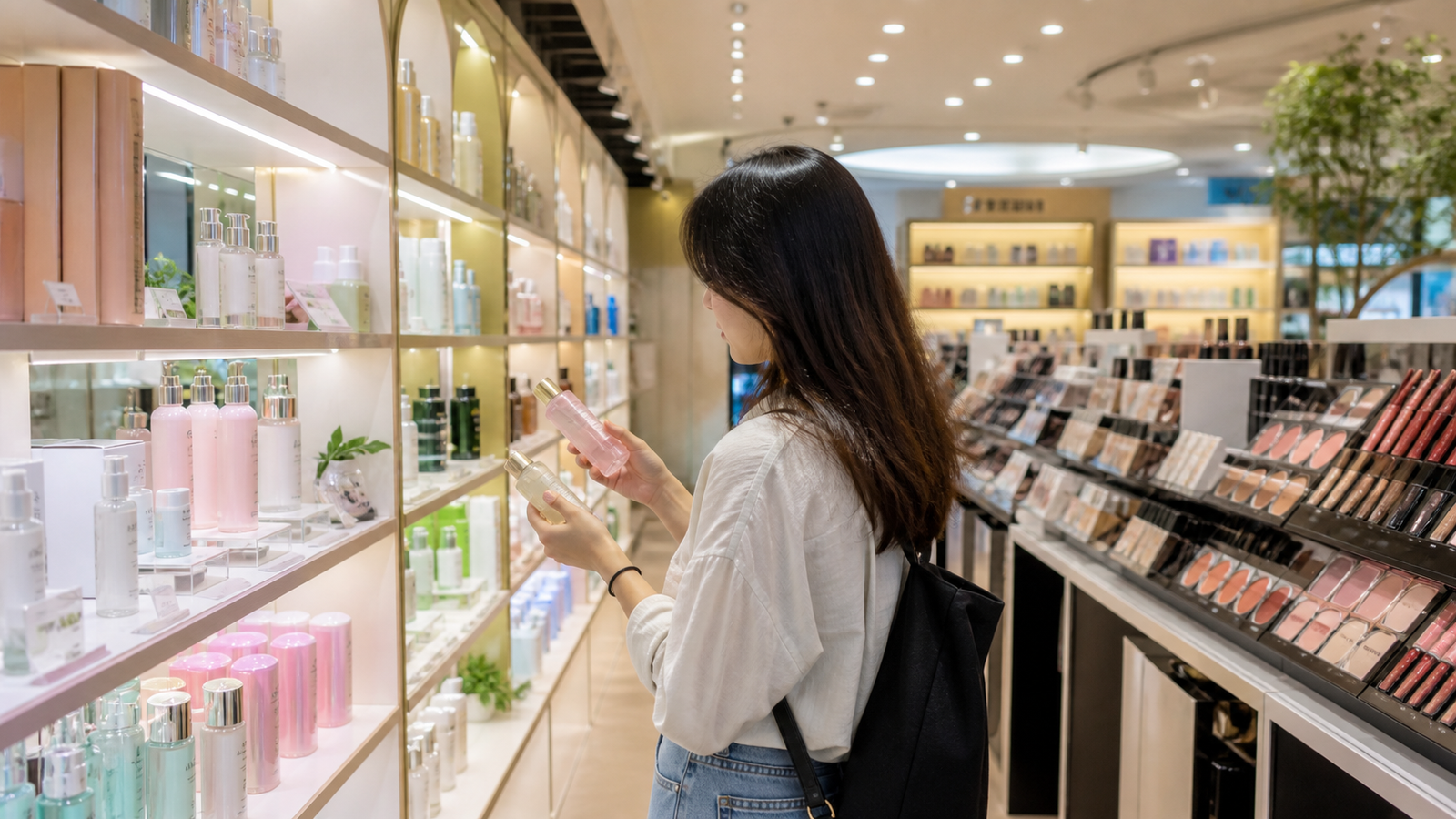 Olive Young Myeongdong beauty store aisle with Korean skincare