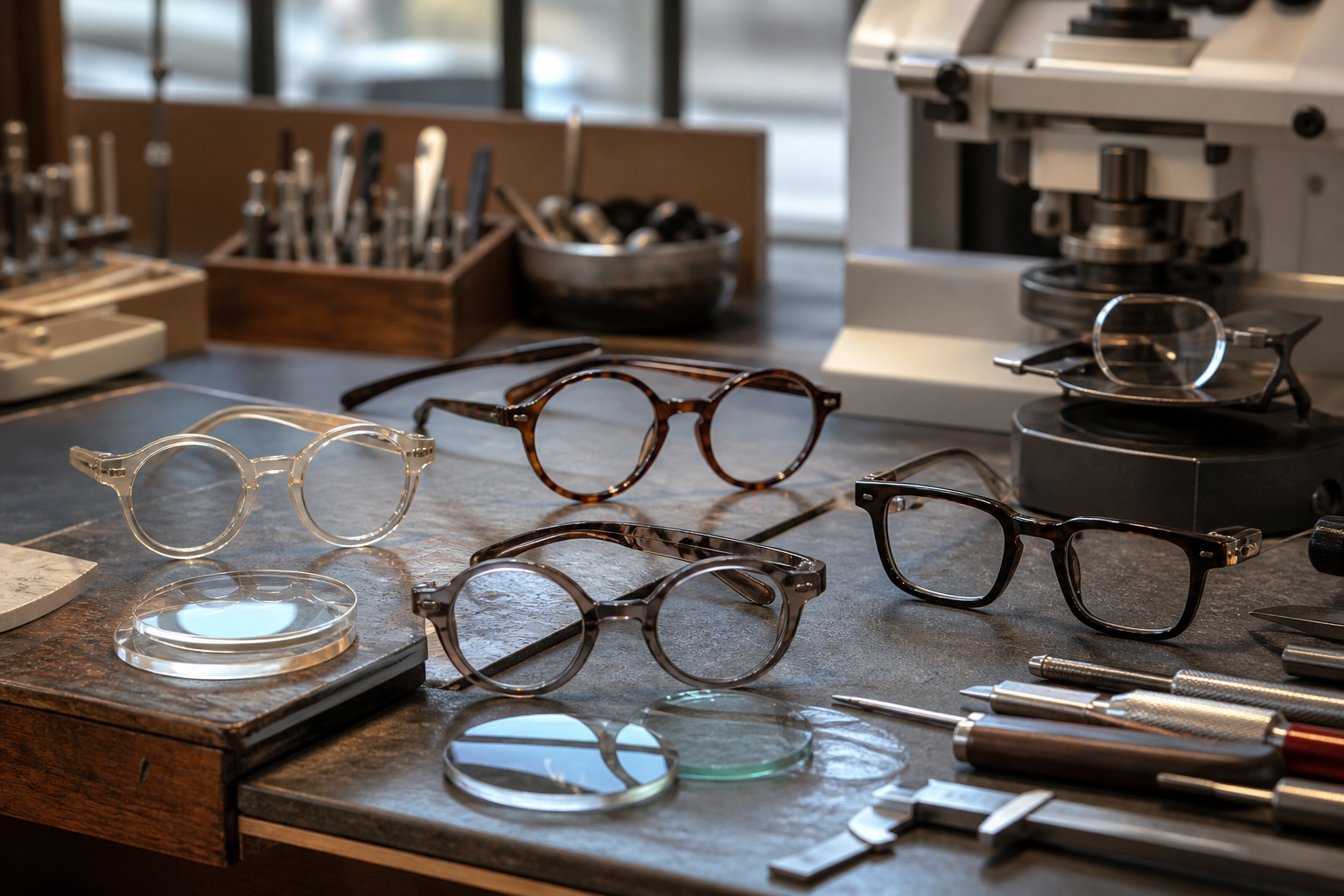 Eyeglass frames and lens tools on an optical workshop bench in Seoul