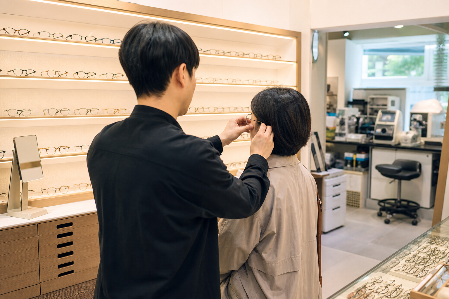 Optician adjusting eyeglasses for a customer in a Seoul eyewear boutique