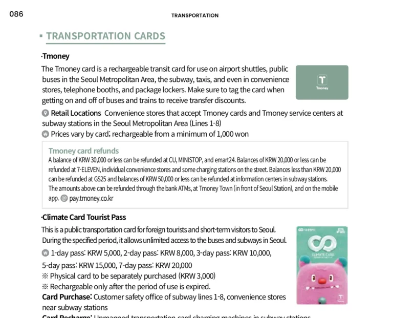 T-money and Climate Card information for Seoul public transportation