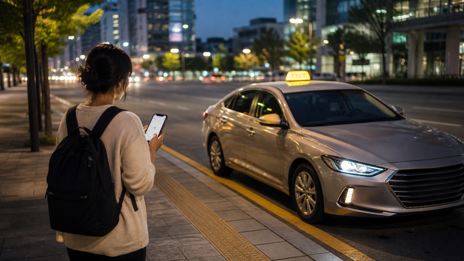 Seoul taxi at night with N Seoul Tower in the background