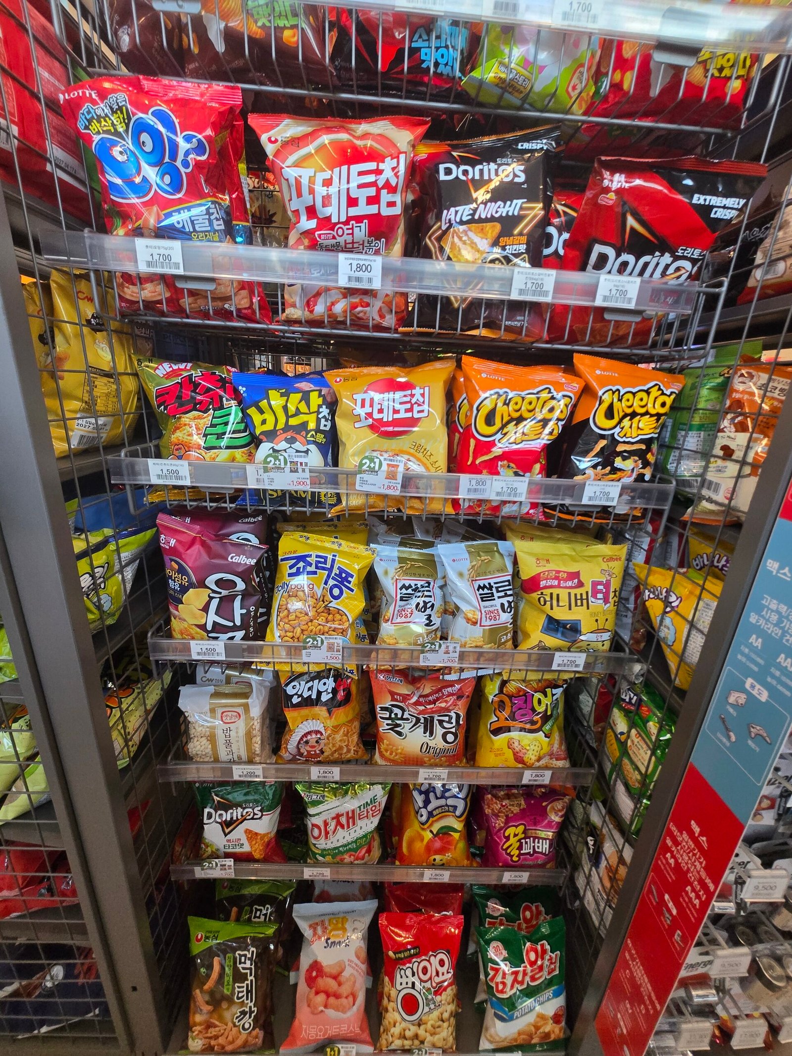 Korean chips and snacks in a convenience store aisle