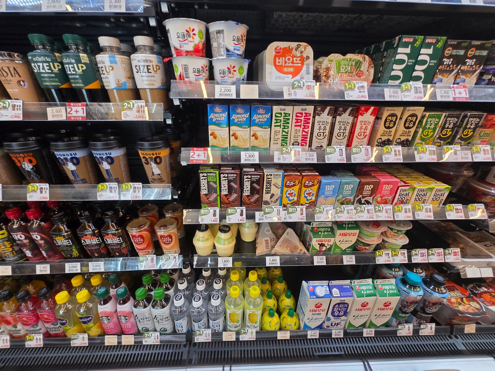 Refrigerated drinks and dairy products in a Korean convenience store