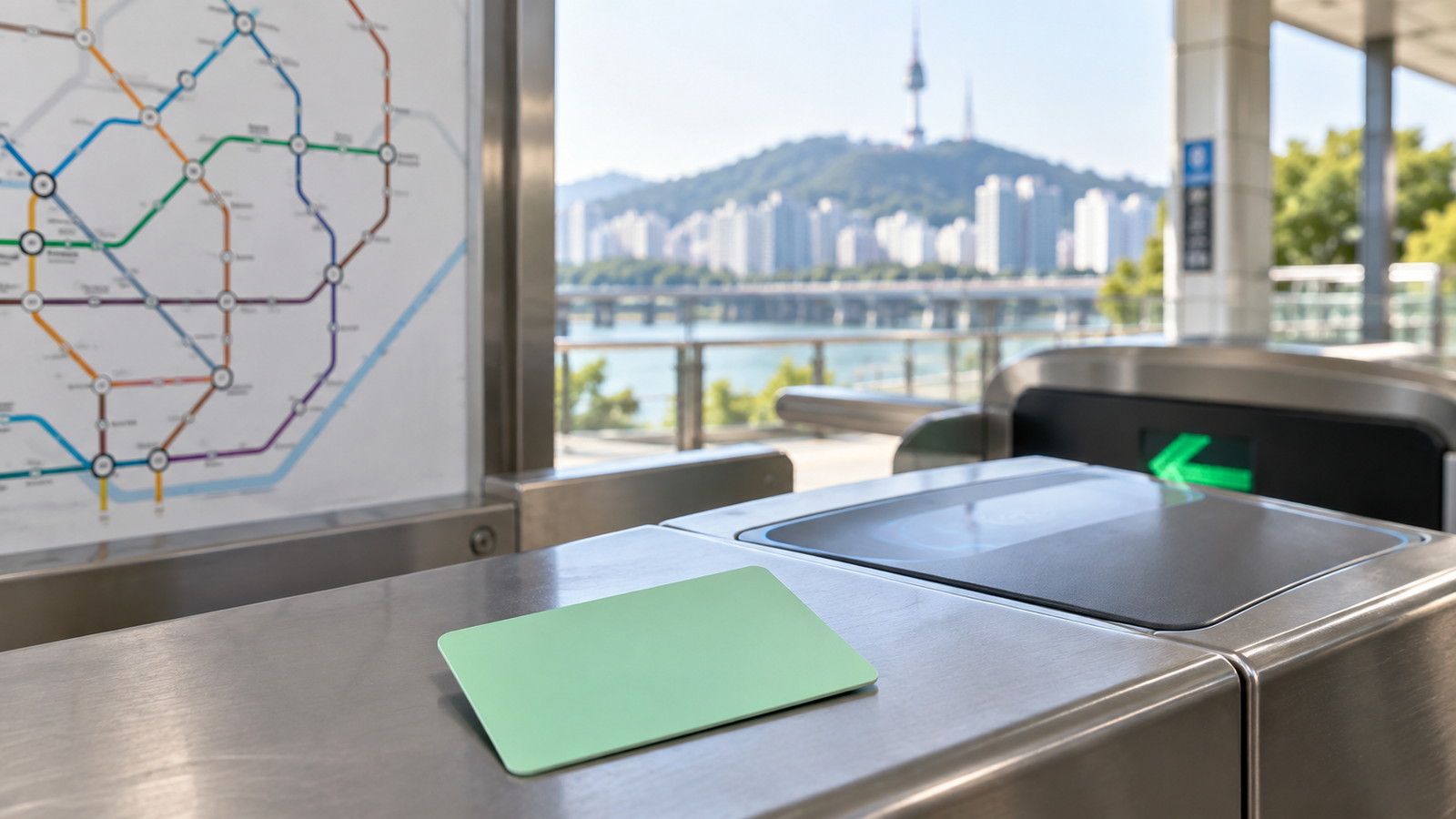 Illustration of a generic Seoul transit card at a subway gate