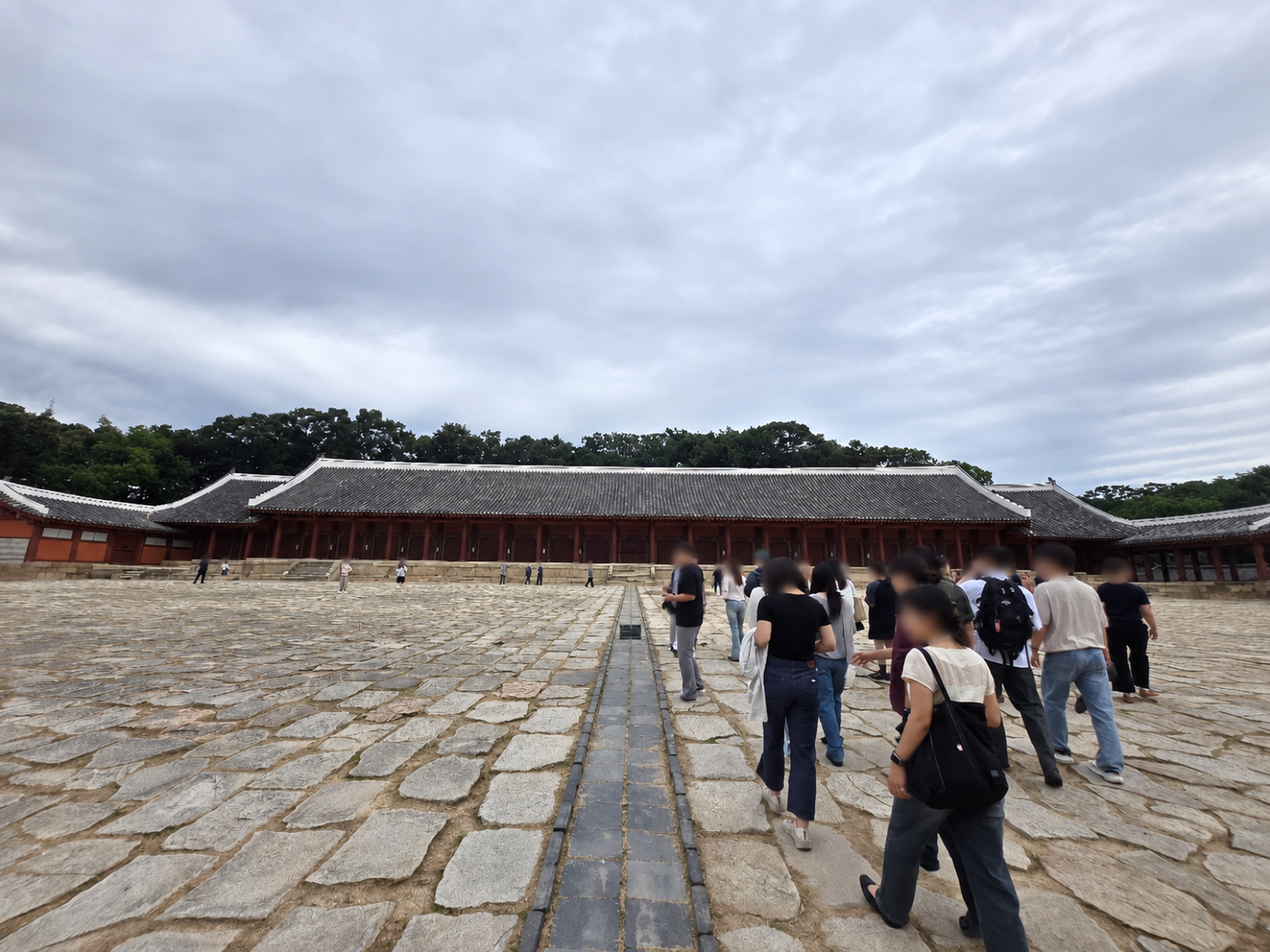 Jeongjeon main hall and courtyard at Jongmyo Shrine in Seoul; visitor faces blurred for privacy