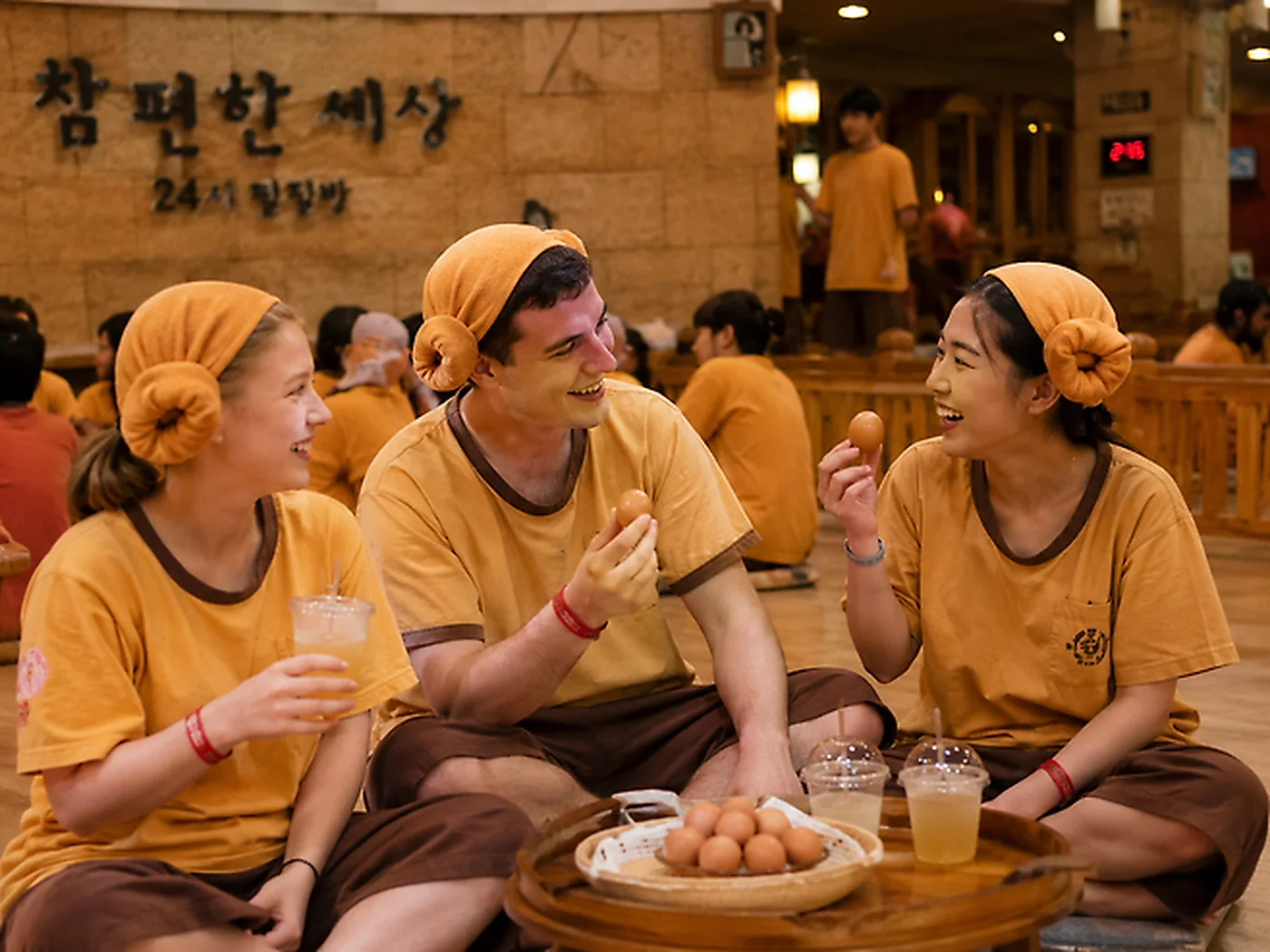 International visitors relaxing in Korean jjimjilbang clothes with baked eggs and drinks