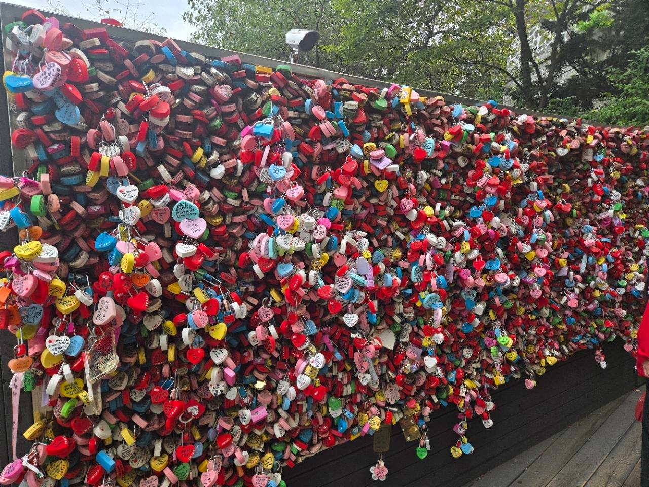 Colorful love locks attached to the designated fence at N Seoul Tower