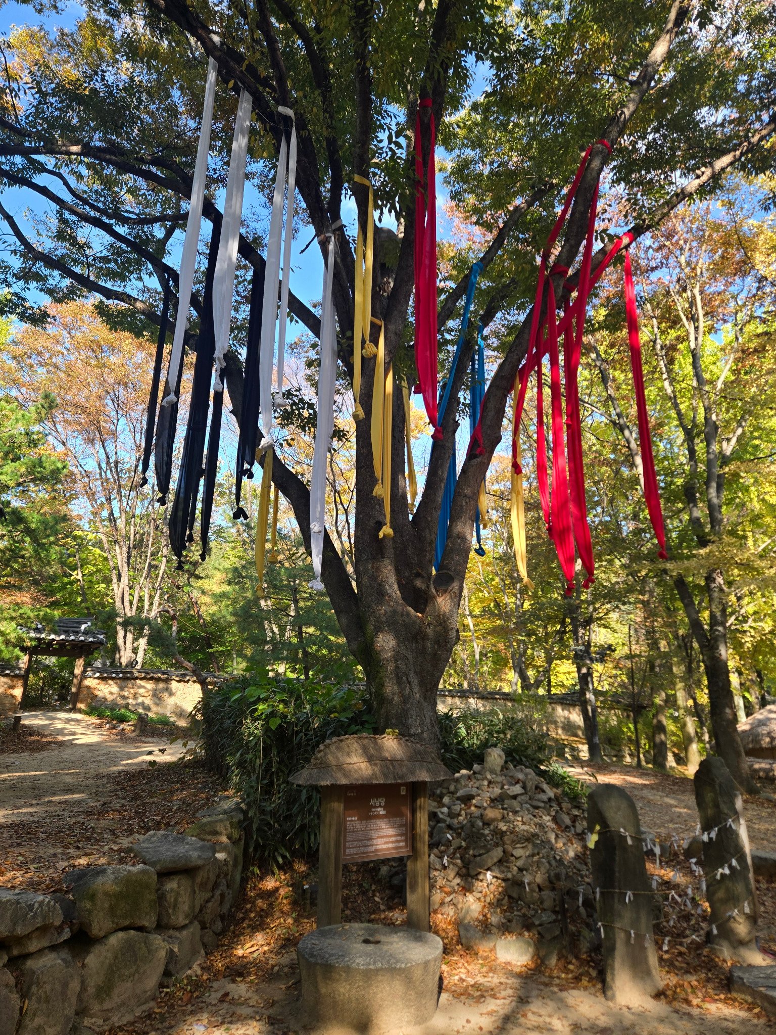 Colored ribbons hanging from a tree beside a small stone enclosure at Korean Folk Village