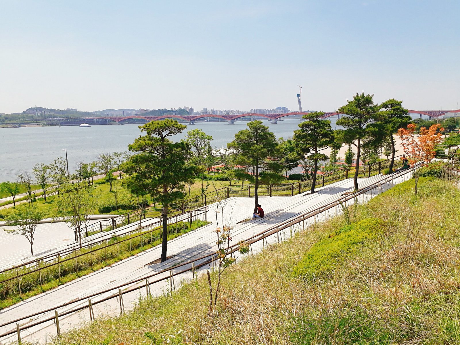 Trees, grass and riverside paths at Mangwon Hangang Park, with the Han River and Seongsan Bridge beyond